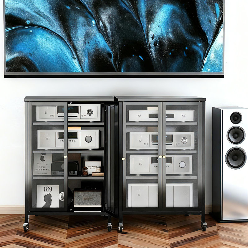 Meuble de rangement de 91 cm de haut pour équipement audiovisuel dans le salon, 4 tablettes en verre ajustables, structure en acier robuste et roulettes, montage facile.