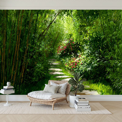 Peel and Stick Wallpaper 96" W x 69" H Modern Self Adhesive Wall Mural for Bedroom Green Bamboo Forest Green Grass Path Stones Flower Foliage Sunlight