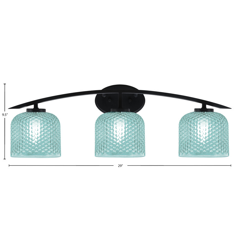 Barre d'éclairage de salle de bain 3 lumières avec verre texturé 6 po Kurve, Noir mat, Sarcelle