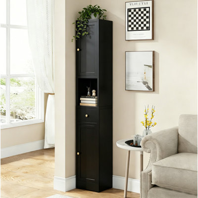 Black Narrow Freestanding Storage Cabinet, 71 Inch Tall Bathroom Cabinet with 5 Tiers, Adjustable Shelves and 2 Enclosed Doors, Space-Saving Metal Storage Unit for Bathroom, Kitchen, Laundry Room and Pantry