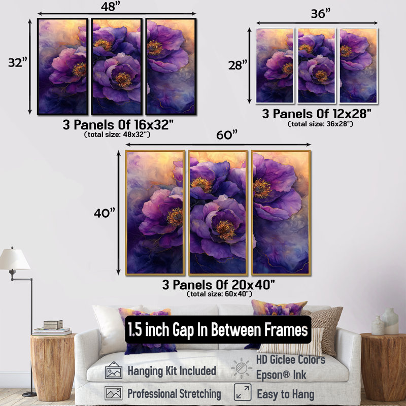 Lavande dorée, pivoines, fleurs, sérénité II - pivoines, art mural - 3 panneaux, H 28 po x l 36 po, Blanc