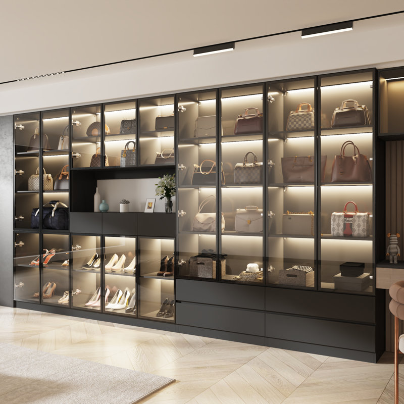 Walk-In Closet System With LED Glass Doors, Aluminum Frame, Push-Open, Black