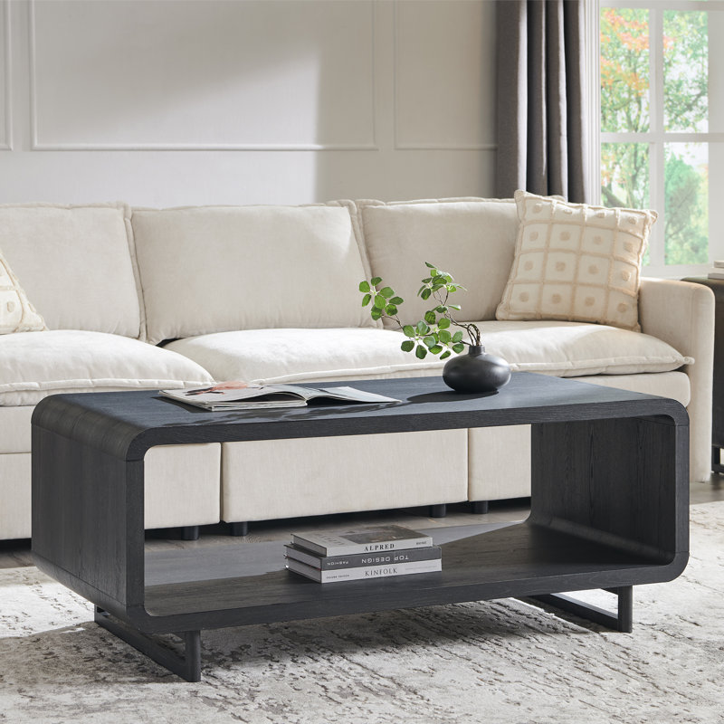 Table basse Abrianna de 48 po de largeur avec tablette de rangement, table de centre minimaliste à 2 niveaux avec profil incurvé, table de salon rectangulaire en bois épais, gris