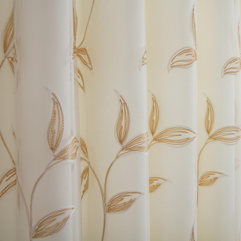 Zapata Leaf Embroidered Voile Ring Top Curtains Pair, 147cm Width x 229cm Drop, Gold