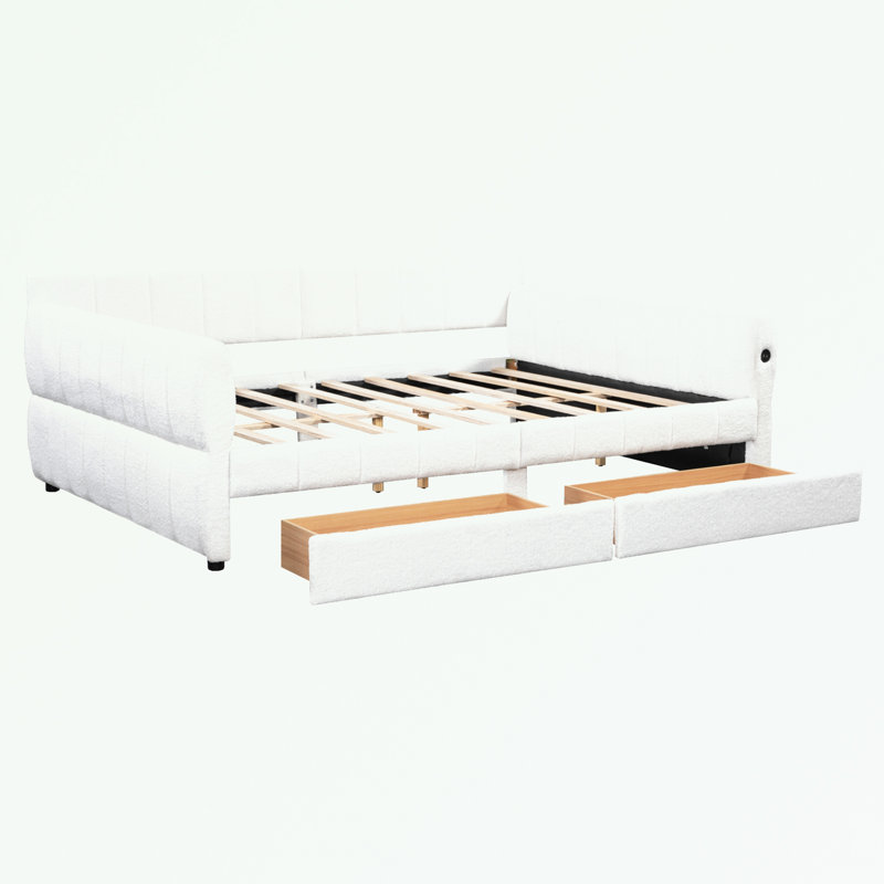 Queen Size Upholstered Platform Bed with USB and 2 Drawers, White
