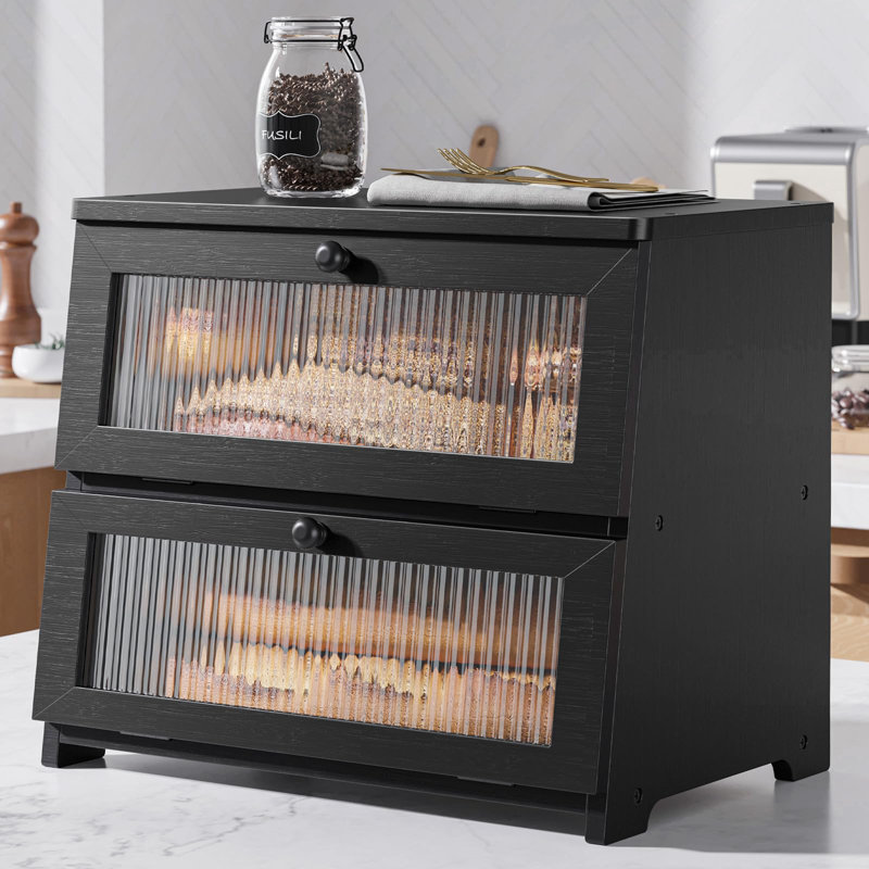 Wooden Bread Box For Kitchen Countertop, Large Capacity Kitchen Countertop Organizer, Stylish Bread Storage With Window, Black