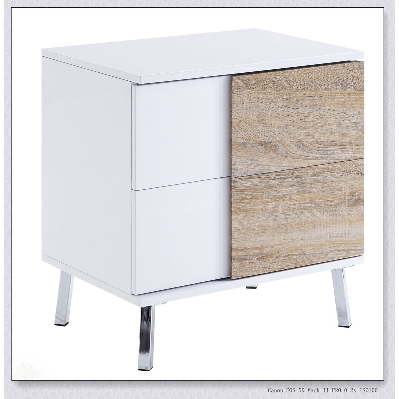 Table de bout blanche ultra brillante et naturelle avec 2 tiroirs, parfaite pour les espaces de vie modernes et compacts.