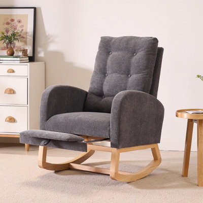 Chaise berçante à haut dossier avec repose-pieds et pochette de rangement gris LY-5104 - Base en bois d'hévéa, conception ergonomique pour le salon, la chambre à coucher ou la chambre de bébé