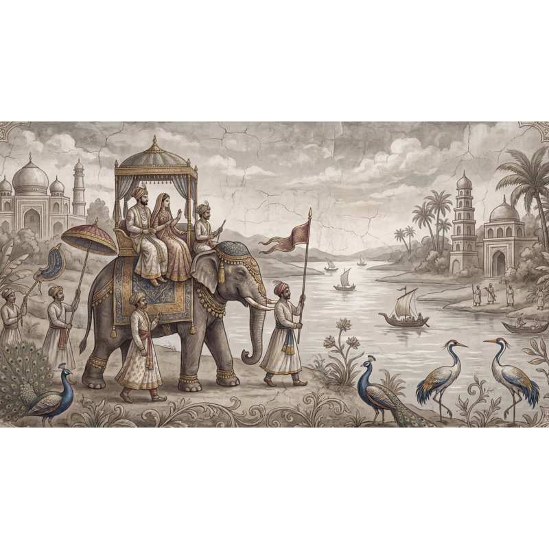 Adhésif mural procession moghole éléphant royal, 100 po x 96 po, Peler et coller