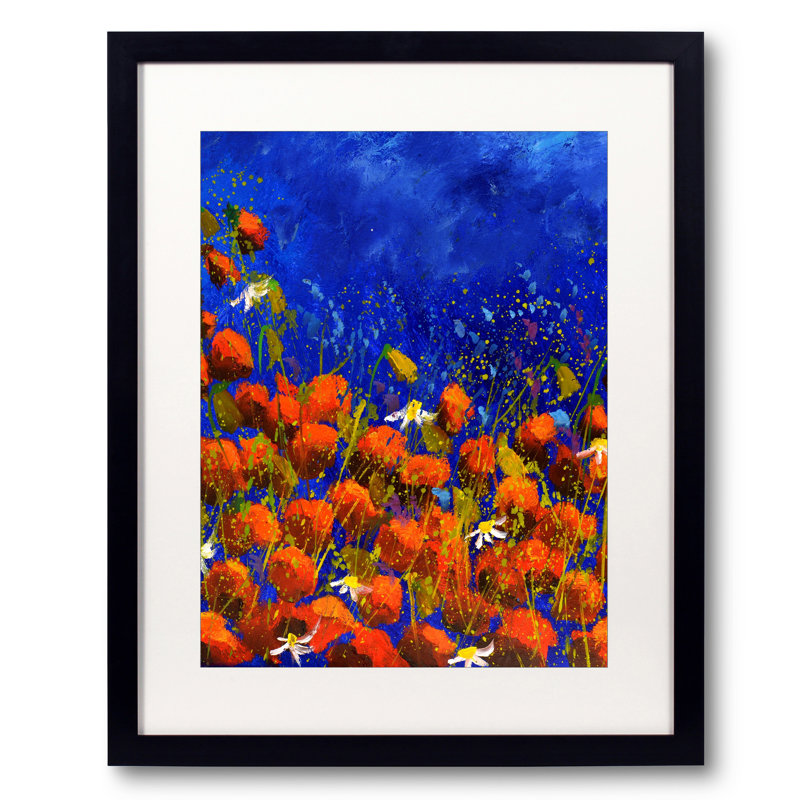 Coquelicots par Pol Ledent - Peinture, H 31,25 po x l 25,25 po, Papier avec cadre noir