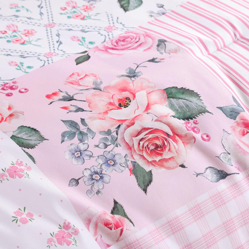 Floral Comforter Set 3 Pieces- All Seasons Patchwork Flower Cozy Comforter With Two Pillowcases, Pink Patchwork/Floral