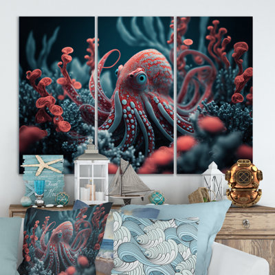 " Red Octopus On The Ocean Floor I " 3 - Pieces