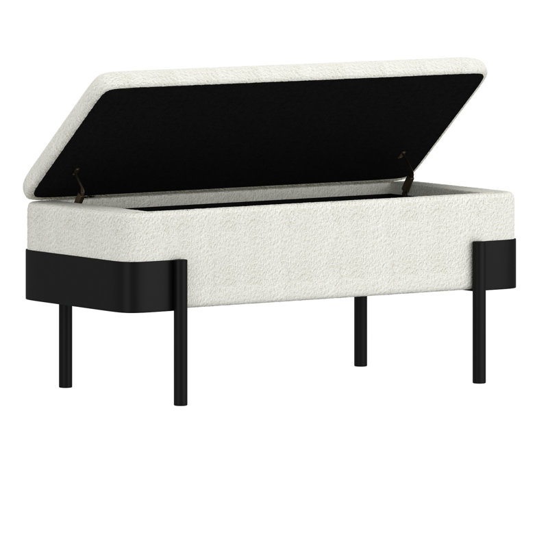 Mid-Century Modern Boucle Fabric & Metal Storage Bench - Ivory & Black