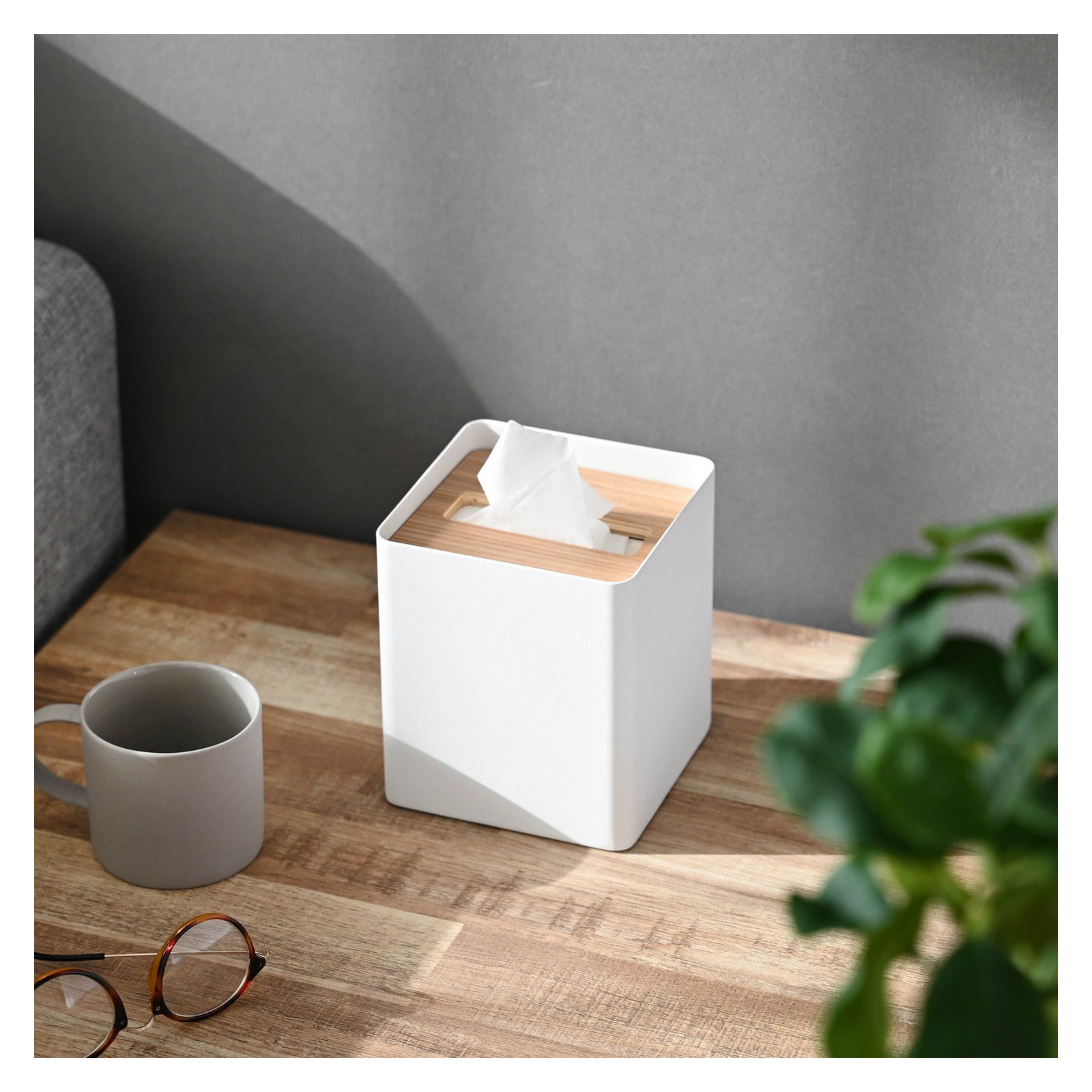 Yamazaki Home Square Reusable Tissue Box Cover Metal Container Case With Natural Wooden Lid,, Steel, White