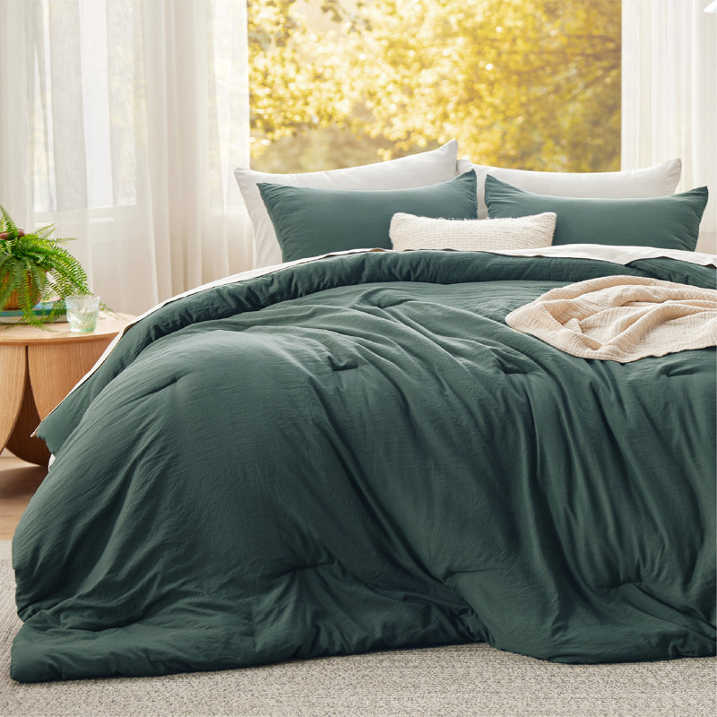 Bedsure Reversible Prewashed Comforter Set, Full Comforter + 2 Standard Pillowcases, Dark Green