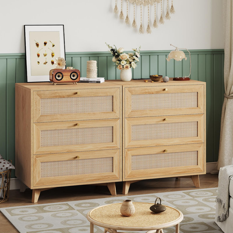 Rattan Nightstand with 3 Drawers & USB Charging Port Modern Bedroom Night Stand (Natural), Natural