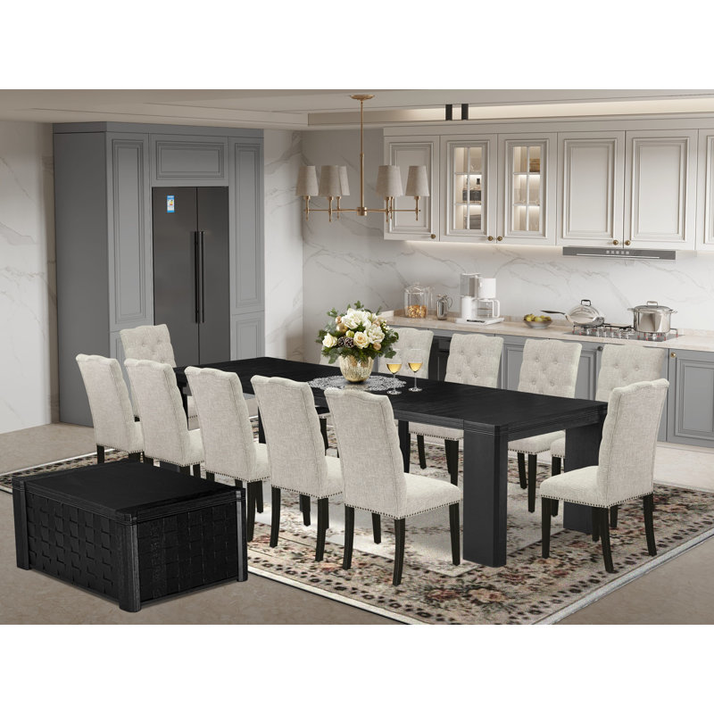 14-piece Dining Room Table Set a Rectangular Kitchen Table with a coffee Table and 12 Doeskin Linen Fabric Kitchen Chair, Wire Brushed Black
