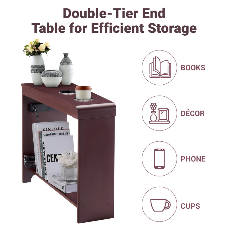 Keymia End Table with USB Ports & Outlets, Wooden Side Table for Bedrooms, Modern End Table, Cherry