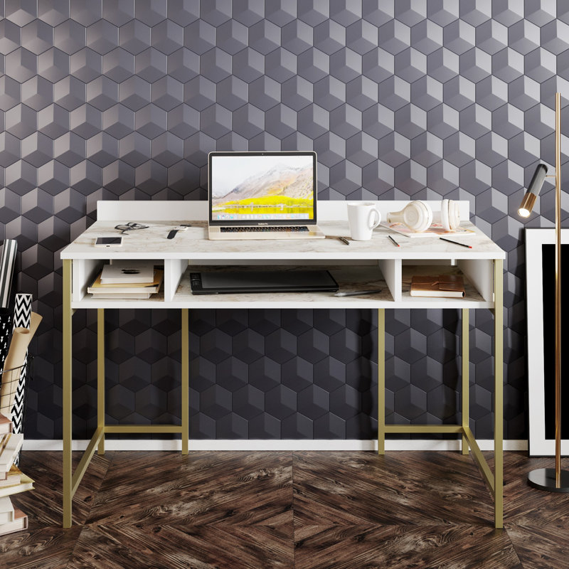 Alphonsine Metal Base Writing Desk, White/Gold