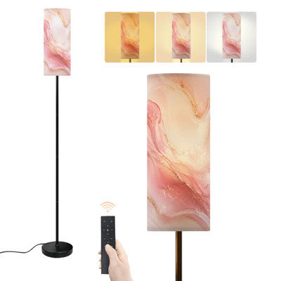 Lampe sur pied rose pastel douce, effet marbre, détails blancs, intensité variable, moderne, avec télécommande et interrupteur au pied, abat-jour haut, idéal pour le salon, la chambre ou le bureau.