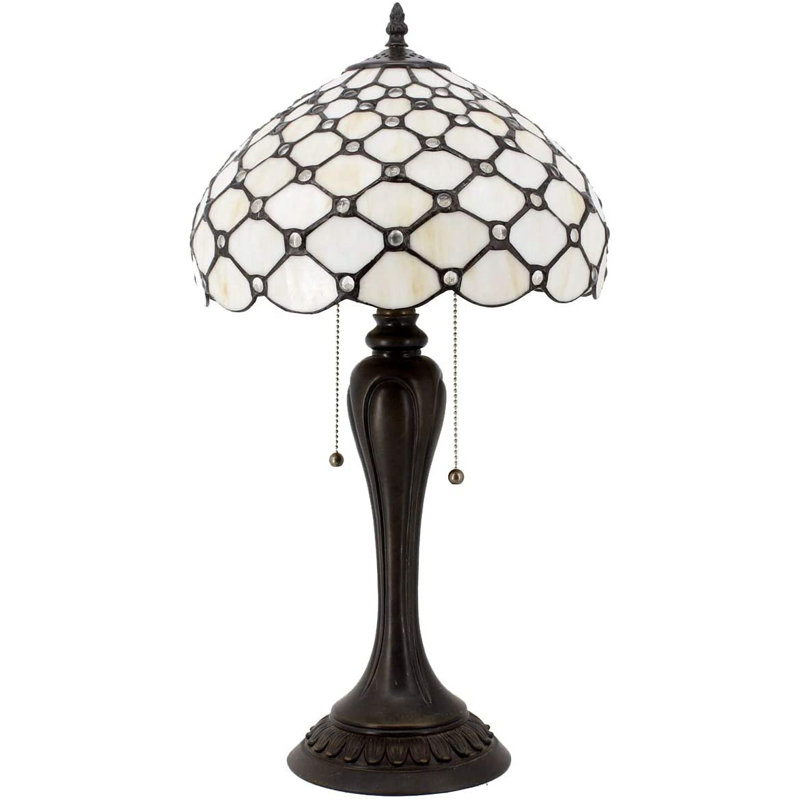 Bronze Stained Glass Tiffany Style Table Lamp with Cream Pearl Shade