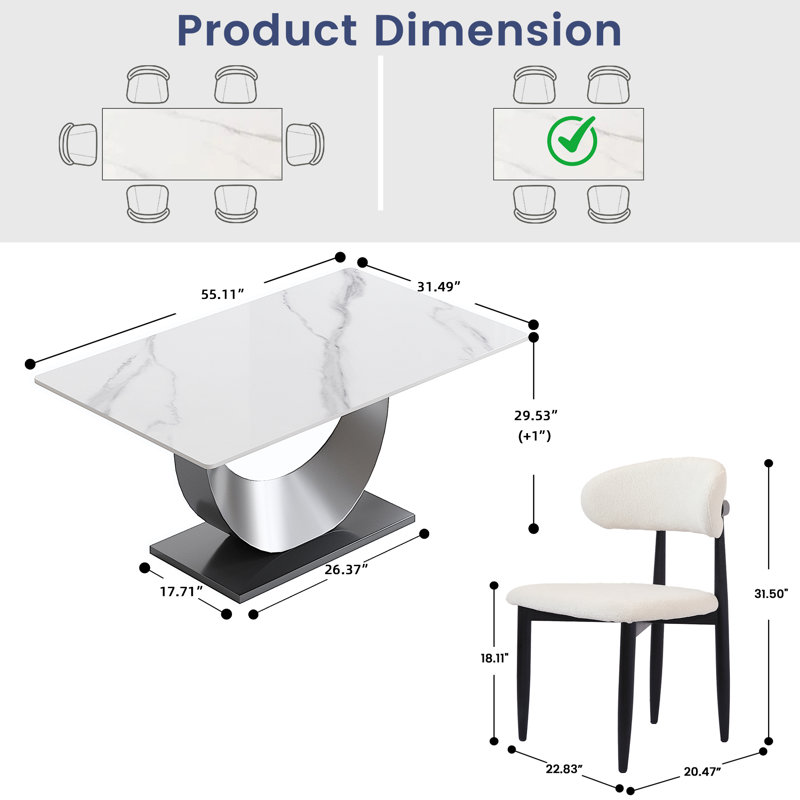 Ensemble de salle à manger 5 pièces 55,11 po avec 5 chaises en bois massif, H 29,21 po x l 55,11 po x P 31,5 po, Blanc/Noir