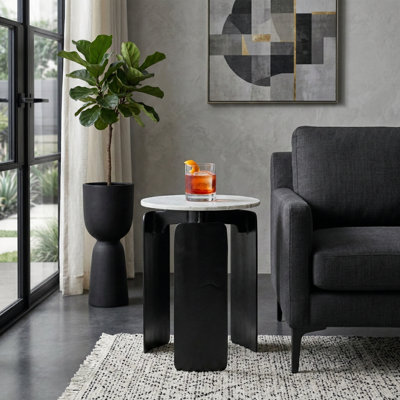 Modern Round Marble-Top Accent Side Table for Living Room Styling - Chic Narrow End Table with Sculptural Base for Home Decor - 20", White & Black
