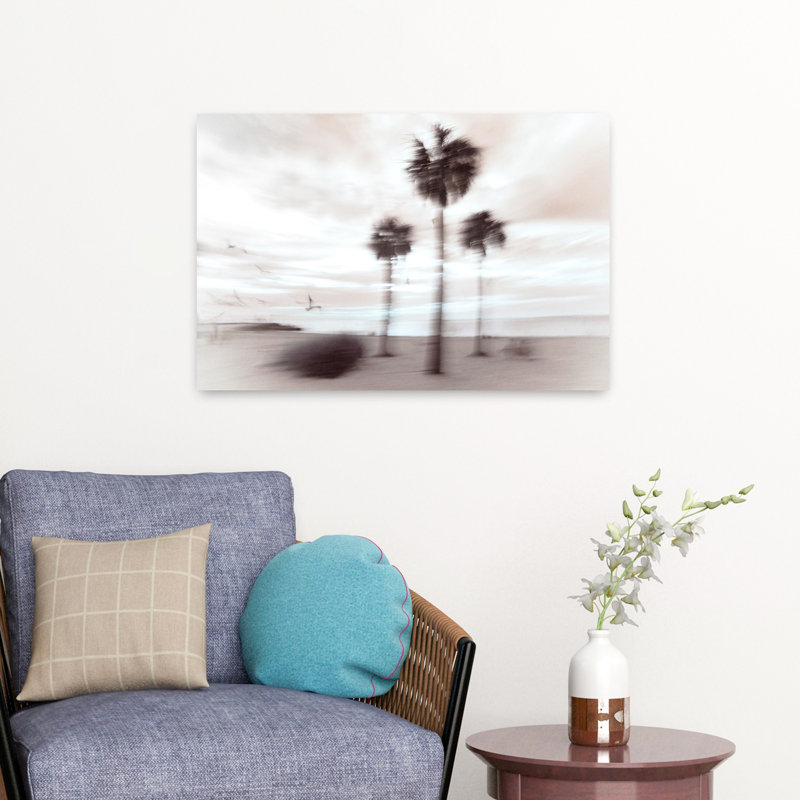 Plage, nostalgie abstraite, rêve, palmier surréel, oiseau, plage, art marin, H 16 po x l 24 po