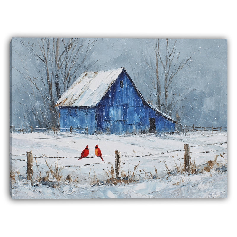 Winter Barn with Cardinals I - Art mural sur toile tendue, H 24 po x l 36 po