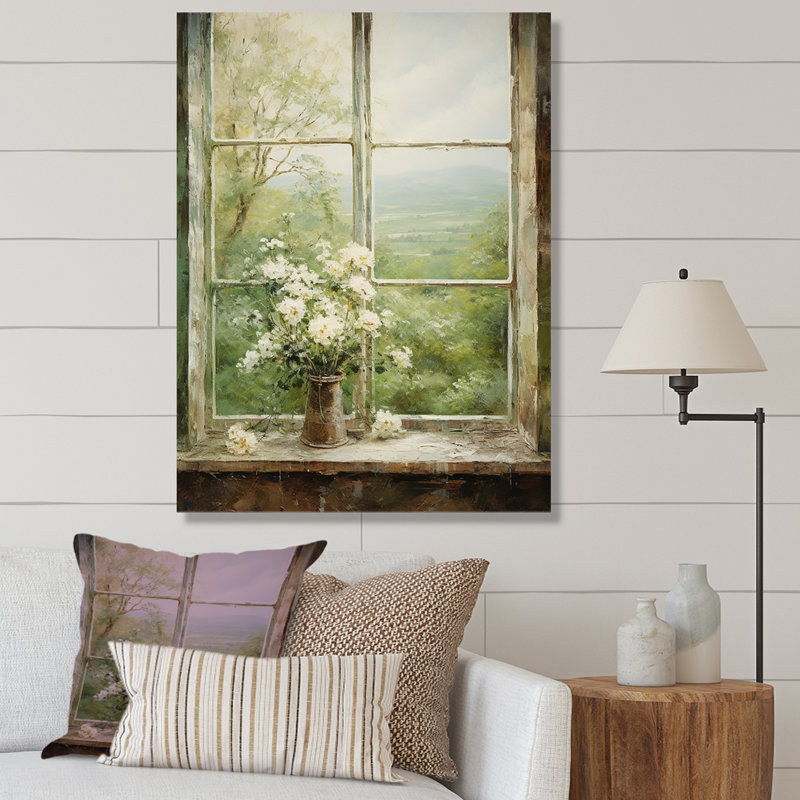 «Countryside Calm Blooms Farm Windows II - Farmhouse Windows», art mural, Toile tendue, H 32 po x l 24 po x P 1 po