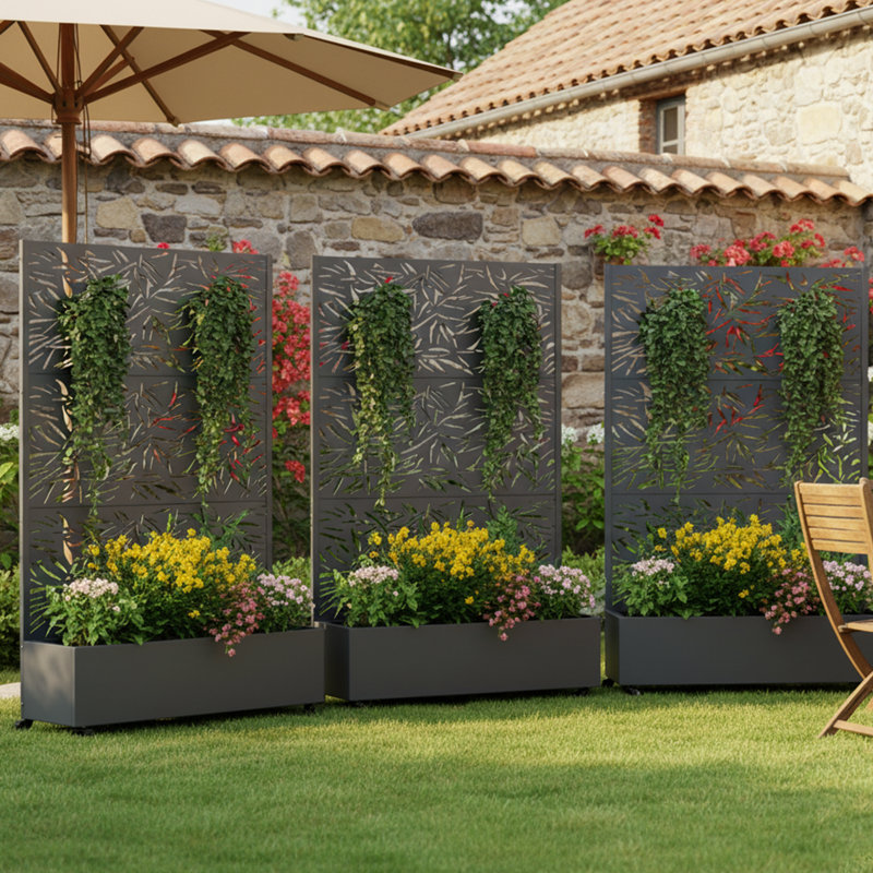 Boîte à fleurs en métal avec treillis et roues, H 72 po x l 47 po x P 16 po, Gris