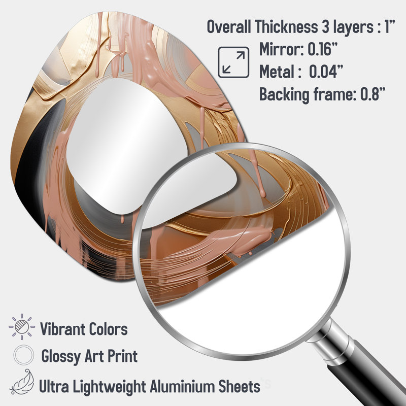 Whitby Abstract Gold and pink Liquid ink circles IV - Abstract Shapes Unique Shape Wall Mirror, Gold Asymmetrical Decorative Mirror, Printed Metal Art