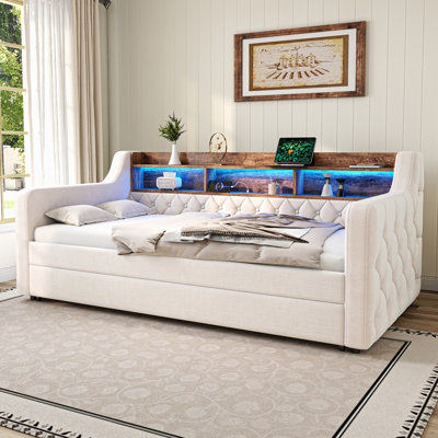 Velvet Sofa Bed With Led Lights & Usb Charging - Pull-out Sleeper, Storage Shelf