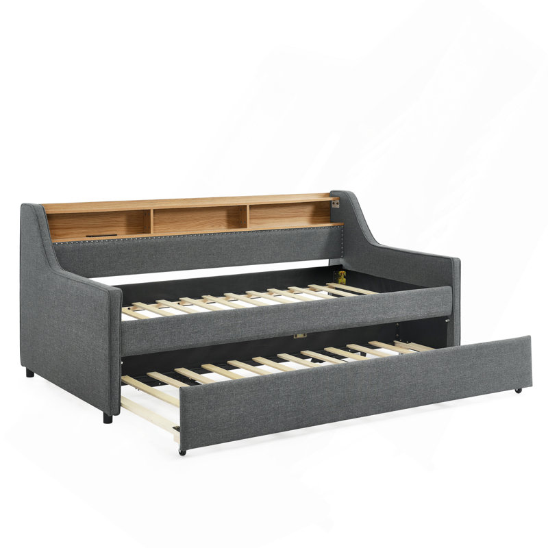 Twin Size Upholstery Sofa Bed With Three LED Lights, With Storage Adjustable Headboard, With Foldable Leg Pull Up Trundle Bed And Wireless Charging, Linen Padded Sofa Bed Frame