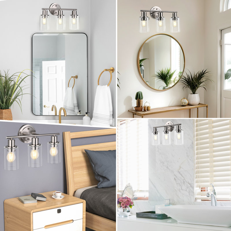  Luminaire de salle de bain avec abat-jour en verre transparent, Nickel brossé, Trois lumières