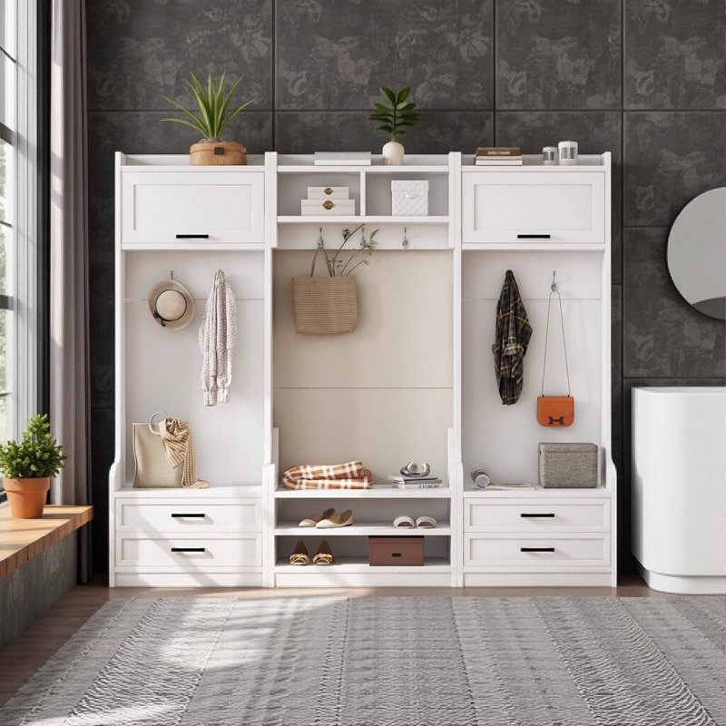 4-in-1 Detachable Hall Tree With Coat Rack And 7 Hooks, 4 Drawers, Cabinets And Shoe Bench, White