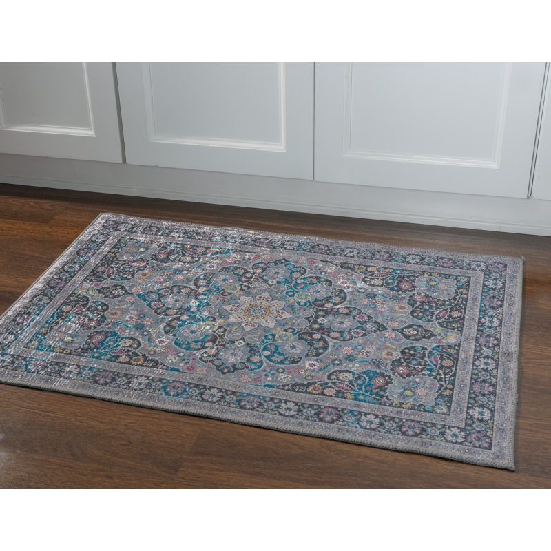 Emanuel Traditional Machine Woven Flatweave Gray and Blue Area Rug with Non Skid Backing , Rectangle 2'2" x 3'2"
