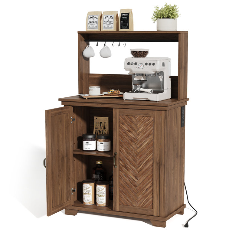 Farmhouse Kitchen Pantry with Outlet, Coffee bar Cabinet With Hook,Buffets and Sideboard  Cabinet, Walnut