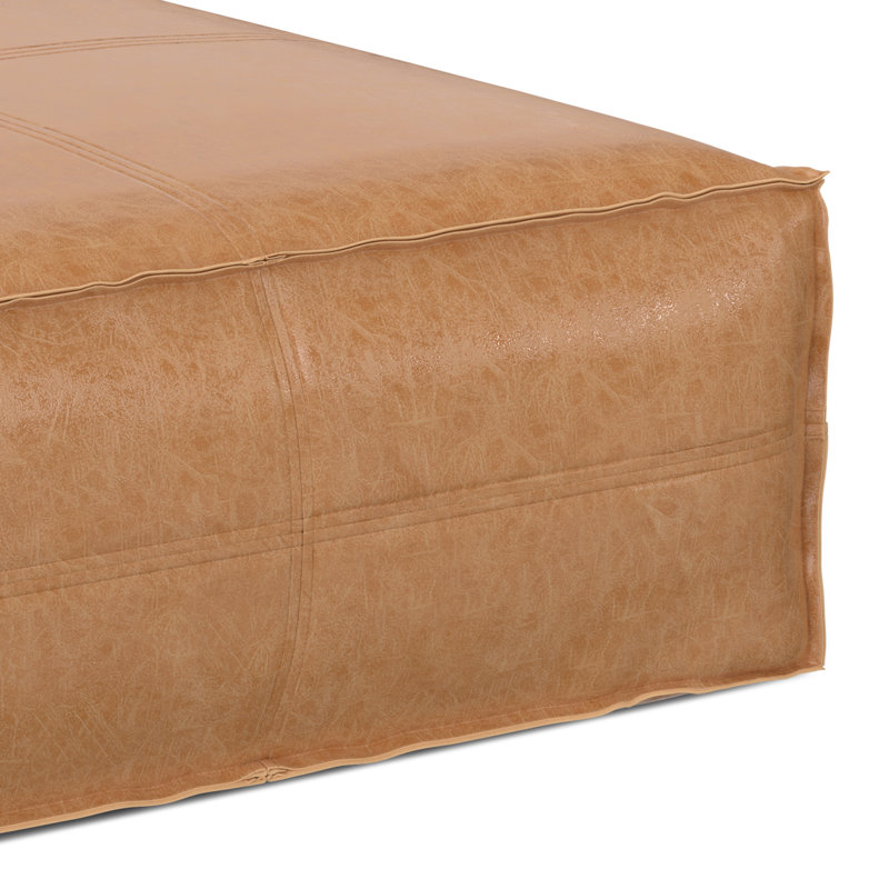 Brody 36"W Vegan Leather Extra Large Square Coffee Table Pouf, Distressed Brown Faux Leather