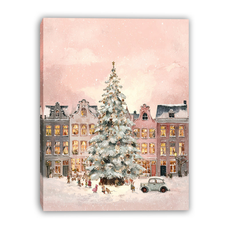 Snowy Christmas Town Square Wrapped Canvas Wall Art, 16" x 24"
