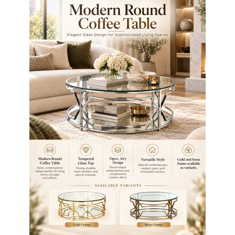 39" Round Tempered Glass Top Coffee Table with Storage Shelf, High Polish Gold