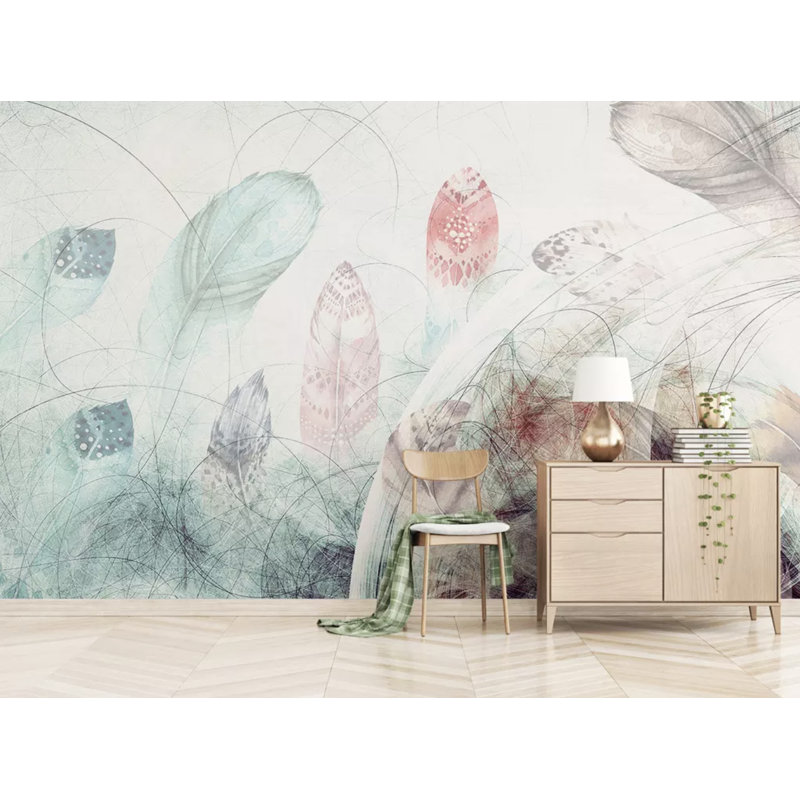 Soft Feathers Abstract Line Drawing Removable Textile Wallpaper, 49”L x 75”W