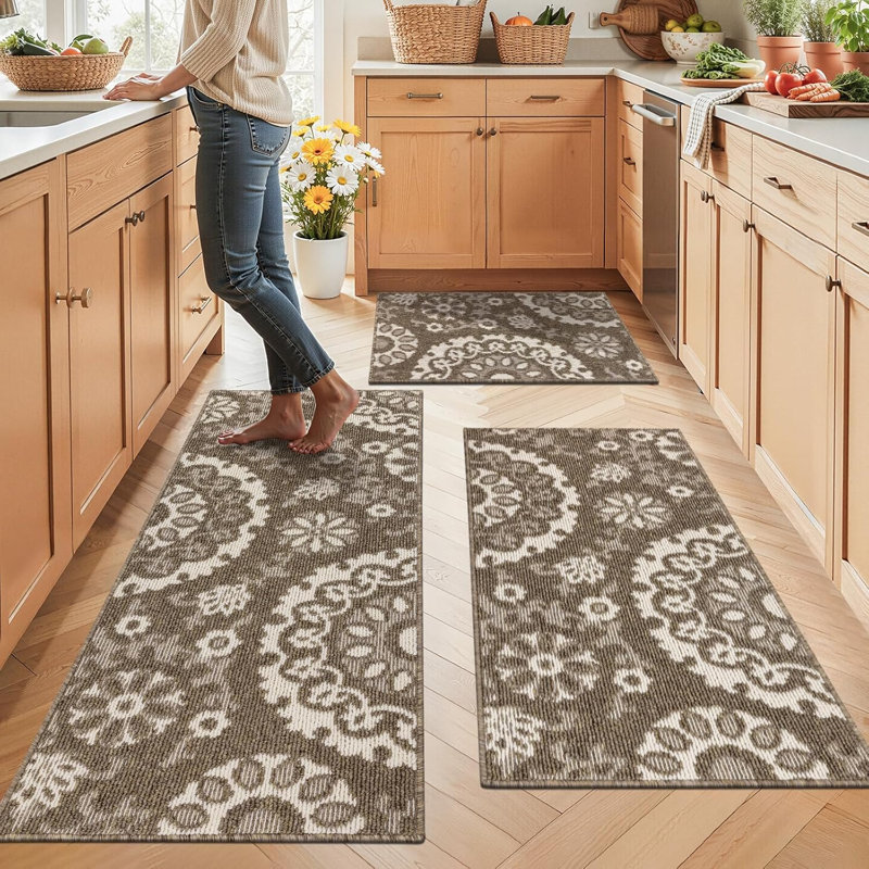 Wide Scratch-resistant Washable Kitchen Mats & Runer（Set of 3）, Black