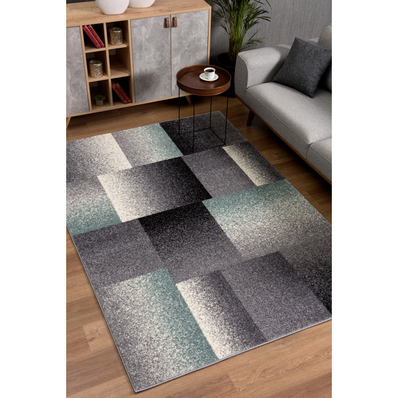 Rug Branch Riwaq 4' x 6' (3'9" x 5'6") Grey/Blue Abstract Indoor Area Rug, Contemporary, Medium Pile, Stain-Resistant Carpet - Living Room, Bedroom, Dining Room, and Kitchen