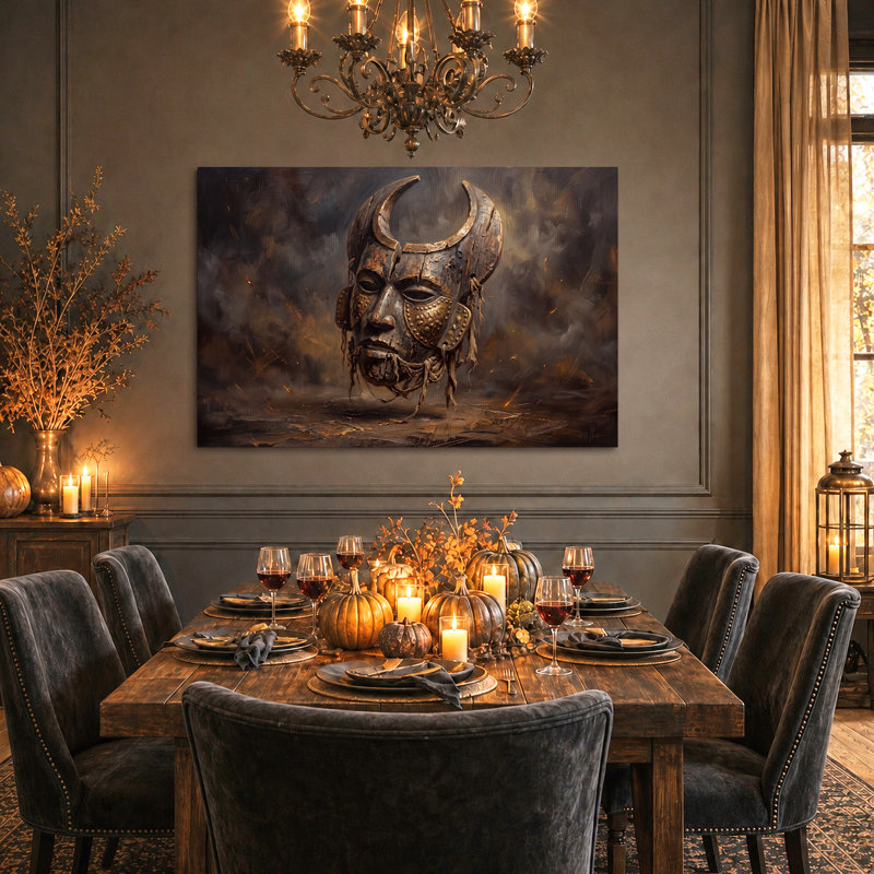 Toile d'Halloween en bronze avec masque à cornes et chiffons, H 16 po x l 24 po
