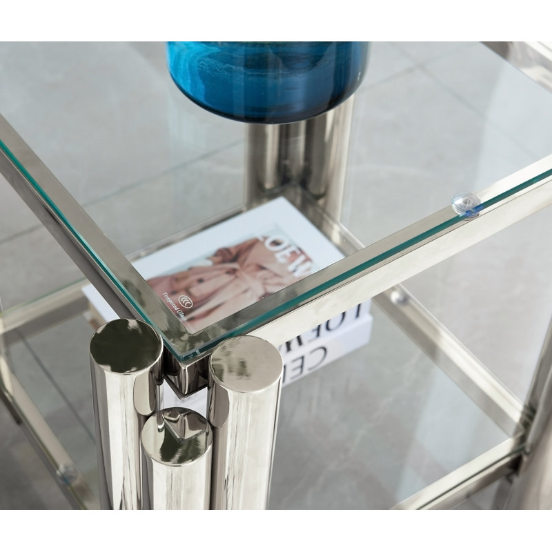 Table de bout carrée 20 pouces, table de bout moderne en acier inoxydable, table basse en verre trempé transparent double couche, table d'appoint avec rangement, pour le bureau à domicile