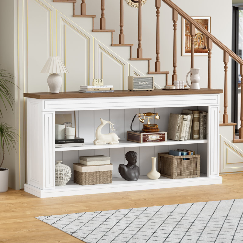 Console 63 po avec rangement ouvert à 3 niveaux, longue table d'entrée et canapé derrière le canapé pour le vestibule, le couloir et le salon
