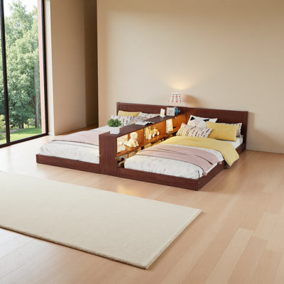 Double Twin Size Bed Frame With Storage,Twin Floor Bed With Light & Charging Station, Convertible 2 Twin Beds For 2 Kids