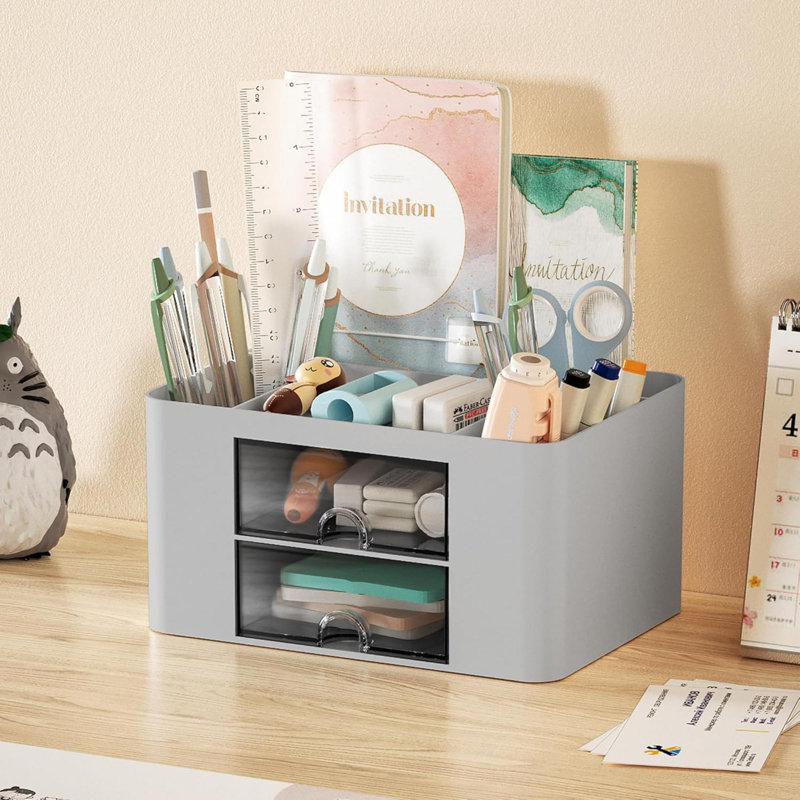 Organisateur de stylos avec 2 tiroirs, porte-crayons multifonctionnel pour bureau, organisateurs de bureau et accessoires avec 5 compartiments + tiroir pour fournitures de bureau (bleu)