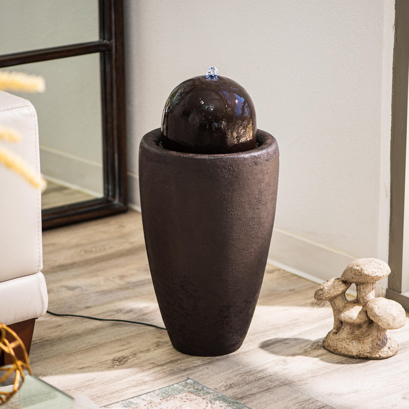 XBrand 26" Modern Sphere Water Fountain with LED Light – Indoor Outdoor Stone Texture Floor Fountain, Zen Bubbling Ball Water Feature for Garden Patio Porch - Brown